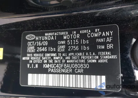 2010 Hyundai Genesis 4.6 z USA, uszkodzony, nr VIN KMHGC4DF8AU080830